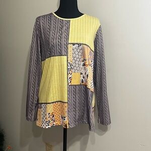 Patchwork Long Sleeve Top - Yellow and Gray Sz L